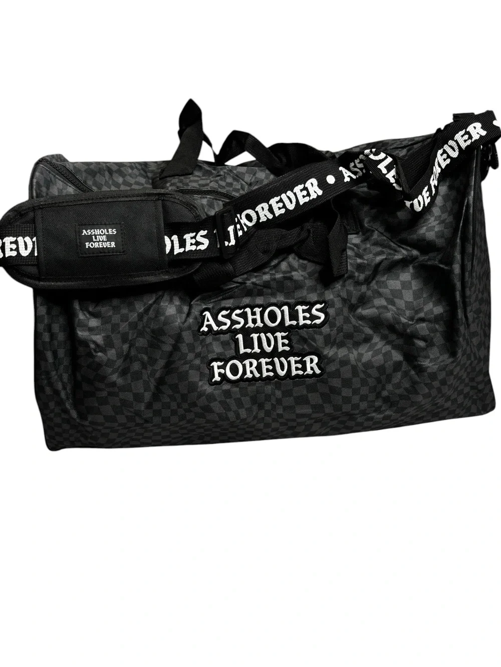 Assholes Live Forever Have a Nice Trip Duffel Bag Trippy Checked Squares NWOT
